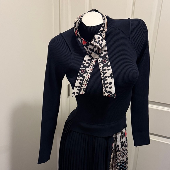 Chic & Elegant Asymmetrical Navy Dress - Sweater Top & Patterned Scarf LIKE NEW - Picture 5 of 15